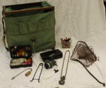 A Efgeeco canvas seat box containing miscellaneous fishing tackle to include fly cases,