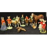 A Beswick figure of girl up on pony and various other figures on ponies and porcelain hunting