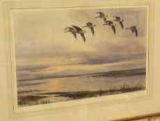 AFTER ROLAND GREEN "Pink Foot Geese Coming In Over Marshes", colour print, signed in pencil,