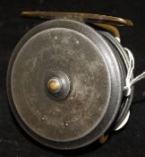 A Hardy "Uniqua" three and one-eighth inch diameter trout fly reel in maker's card box