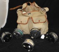 A Brady canvass and leather fisherman's bag containing three Aquarex salmon fly reels,