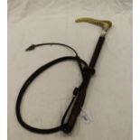 A gent's hunting whip with antler handle and silver ferrule to plain leather shaft with plaited