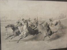 FRENCH SCHOOL "Souvenirs de Le Hippodrome", ladies racing on horseback, colour prints, set of three,