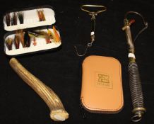 A brass three drawer telescopic salmon gaffe with rosewood handle, a horn priest, a salter scale,