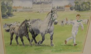 JANICE GORDON "Boy leading out dappled grey mare with foal", watercolour,
