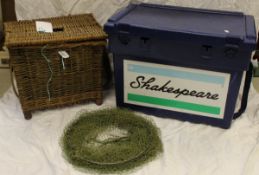 A Shakespeare fisherman's seat box, and a wicker creel containing a net,