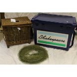 A Shakespeare fisherman's seat box, and a wicker creel containing a net,