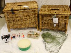 A fisherman's wicker creel containing a quantity of fishing tackle to include floats,