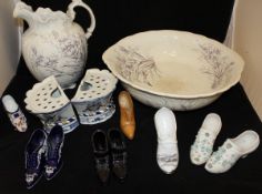 A circa 1900 "Gladiolus" pattern toilet jug and bowl, a collection of 19th Century shoe posy vases,