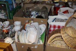 Six boxes of sundries to include various chinaware and glassware, baskets, puzzles,