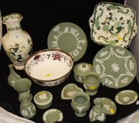 A collection of Wedgewood green Jasper ware pottery,