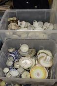Two crates of various tea wares and a green plastic crate of various china wares and glassware and