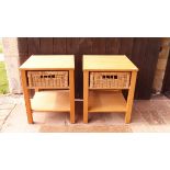 A pair of modern beech side tables, the plain top above a raffia drawer to a pot shelf beneath,