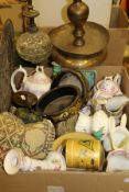 A box of various Victorian china wares, Indian copper, brass and white metal wall plate,