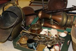 Two boxes of various copper and brass ware character jugs, horse brasses etc,