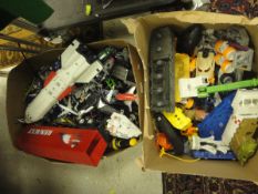 Two boxes of various children's toy vehicles including cars, motorbikes, aeroplanes, lorries,