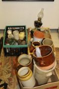 Three boxes of sundries to include various pottery, oil lamp,