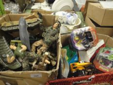 Two boxes of various children's toys including action figures, tanks,