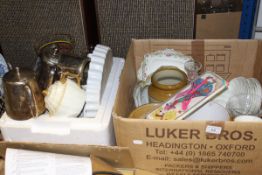 Two boxes of various china and glassware, pair of Leak speakers and an amplifier,
