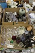 Two boxes of sundry china including large stein, puzzle jug, wine flutes and other hock glasses,
