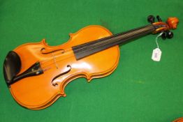 A maple violin by Stanley Doubtfire intialled and dated 1996 on label to interior and monogrammed