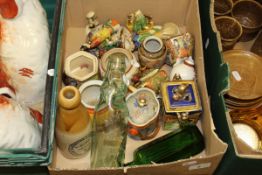 A box of various Oriental china wares and three old bottles