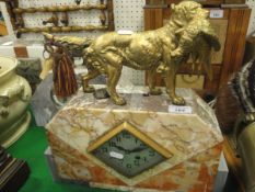 An Art Deco marble cased mantel clock with retriever and pheasant surmount