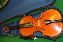 A maple violin by Stanley Doubtfire initialled and dated 2003 on makers label to interior in