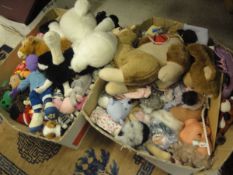 Two boxes of various soft toys