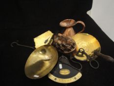 A Victorian copper jelly mould, a Victorian copper haystack measure, brass grain scoop,