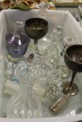 A crate containing five various decanters, various old bottles, Russian plated pot,