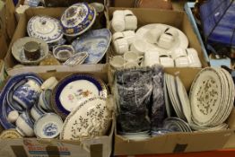 Four boxes of various china and glassware to include Spode blue and white meatplate,