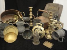 Two boxes of various metal wares to include five various mortars, brass candlesticks, horse brasses,