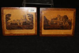 Two unframed Tunbridge ware panels each depicting a castle