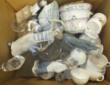 A box of various china and glass wares to include clown figures,