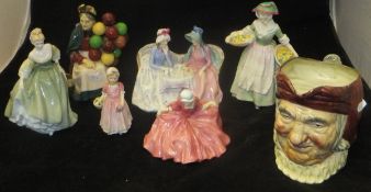 A collection of six Royal Doulton figurines including "Afternoon Tea" (HN 1747) "The Old Balloon