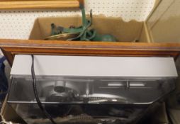 Four boxes of various glass and china wares, record deck, prints, ceiling and wall lights,