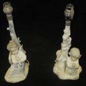 Two Lladro porcelain table lamps, one as an angel praying by a tree stump,