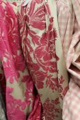 A single interlined curtain, the neutral ground with bright pink flock pattern,