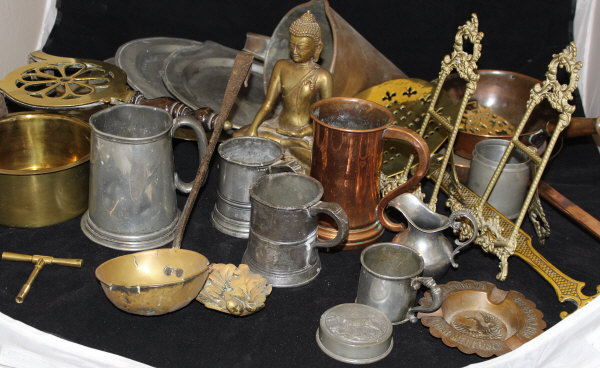 A box of various metal wares to include brass figure of a seated Buddha in Lotus position,