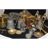 A box of various metal wares to include brass figure of a seated Buddha in Lotus position,