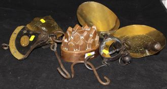 A Victorian copper jelly mould, skimmer, scoop,