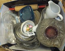 A box of various Le Creuset wares and two boxes of various china and glassware, Metamec wall clock,