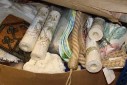 Three boxes of assorted textiles to include various curtains including "Clandon" by John Lewis,