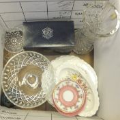 Four boxes of various china and glass wares to include milk glass table lustre,