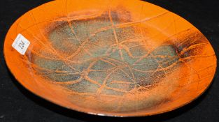 A circa 1960 enamelled Ymuiden steel dish with orange and blue enamel design by Carla and Richard