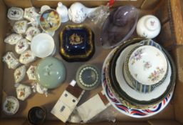 Two boxes of various china including trinket boxes, smoked glass and brass candlesticks, vases,