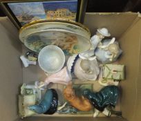 A box of various ornamental wares, decorative plates,