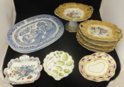 Two 19th Century blue and white transfer decorated "Willow" pattern meat dishes and a Swansea