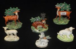 A collection of six 19th Century Staffordshire hollow based figures of deer including pair of stag